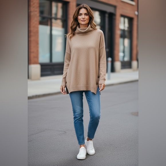 Madewell Crestland Side-Button Turtleneck Merino Wool Tunic Sweater Tan Size XL - Picture 7 of 8